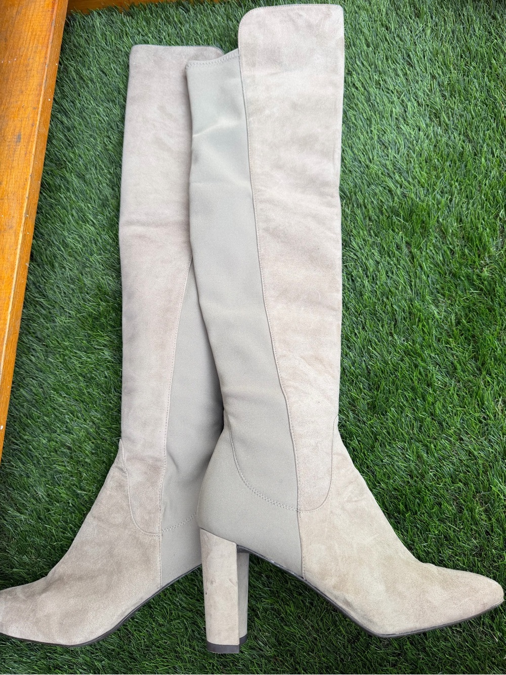 Stuart Weitzman Gillian 60 City Suede Cream Beige Over-the-Knee Heel Boots